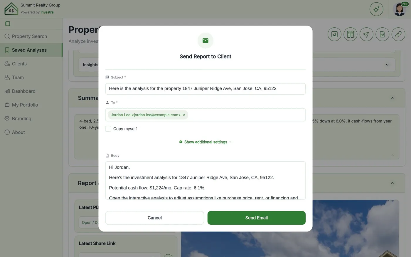 Send report to client dialog